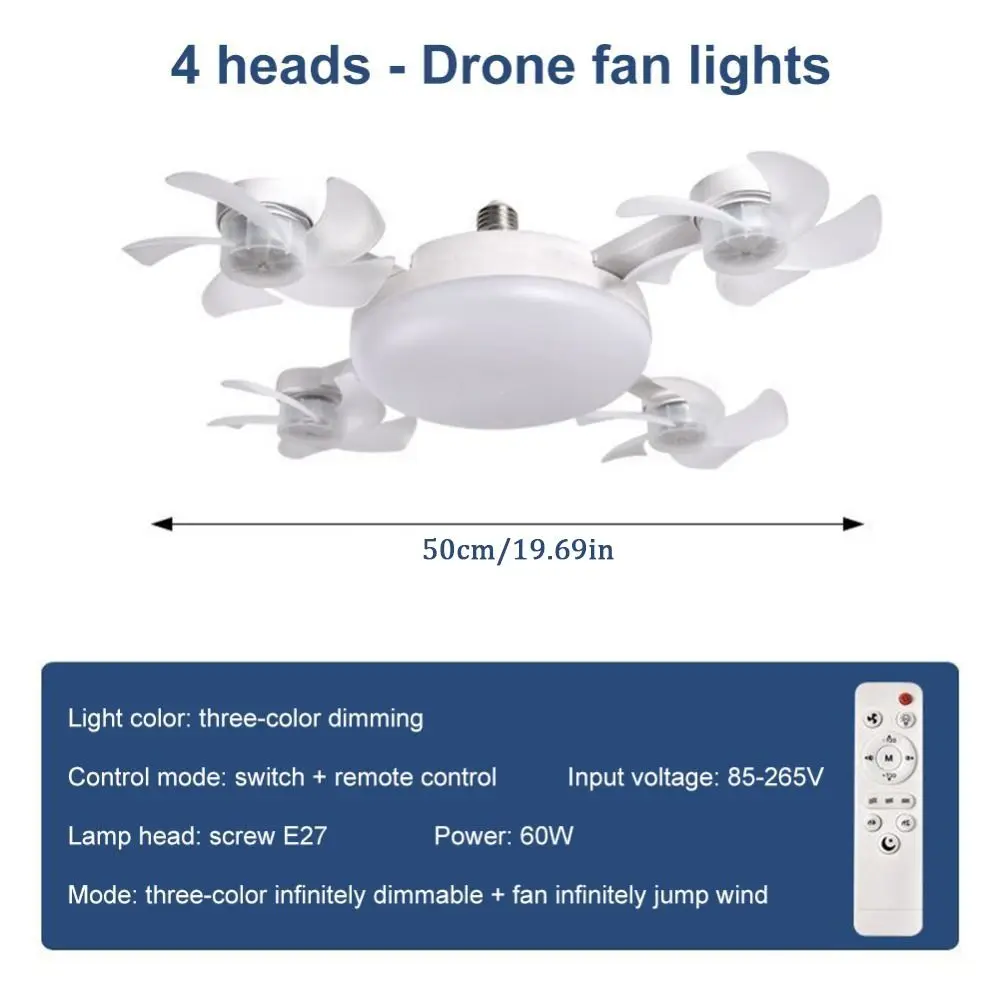 Creative 2 in 1 Ceiling Fan Remote Control 3 Gears Dimming Electric Cordless Fan Universal Quiet Ceiling Lamp Living Room