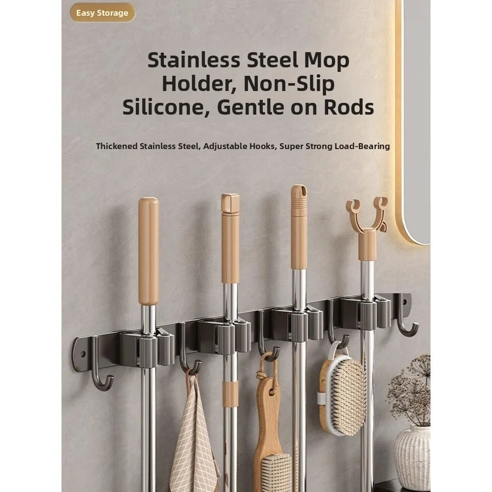 2-in-1穴あけパンチモップほうきホルダー壁掛けクリップラックバルコニーバスルーム固定収納ハンギングラック