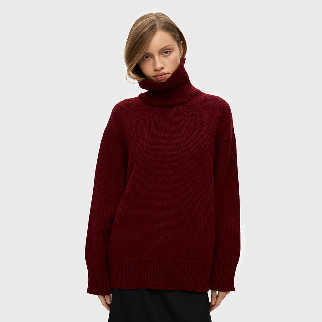 Solid Color High Neck Turtleneck Knit Sweater Women Loose Oversized Fit Thick Warm Winter Casual Pullover Jumper
