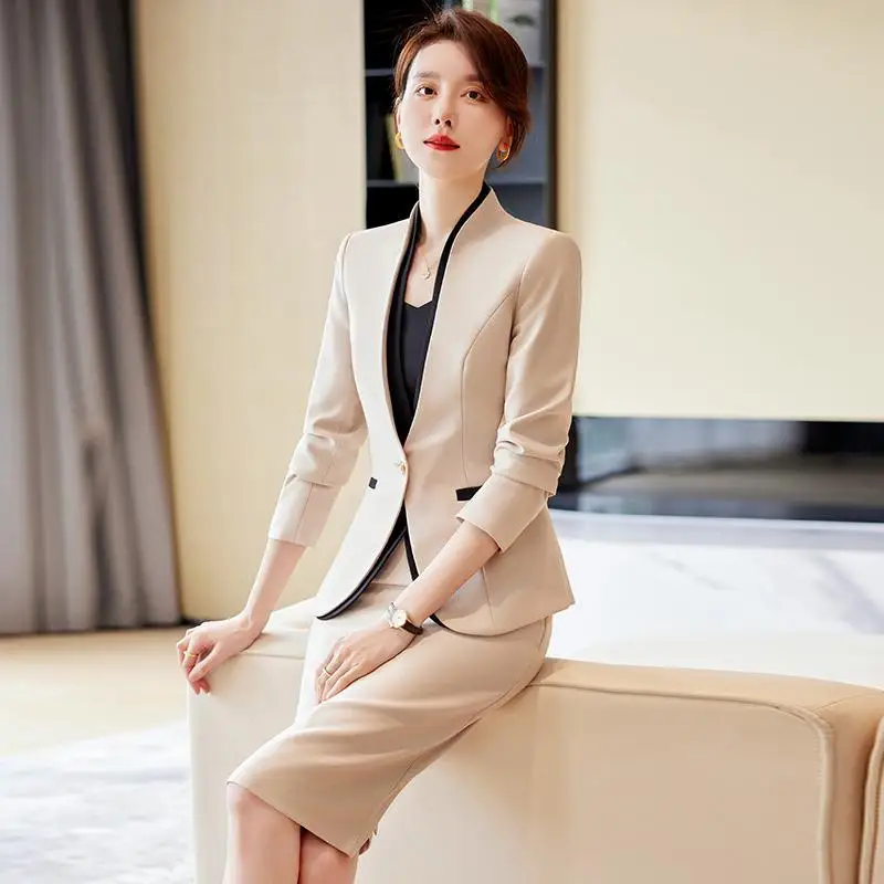 3-G17 Apricot suit skirt women autumn and winter formal professional suit high-endwy store beauty salon front desk medical beaut