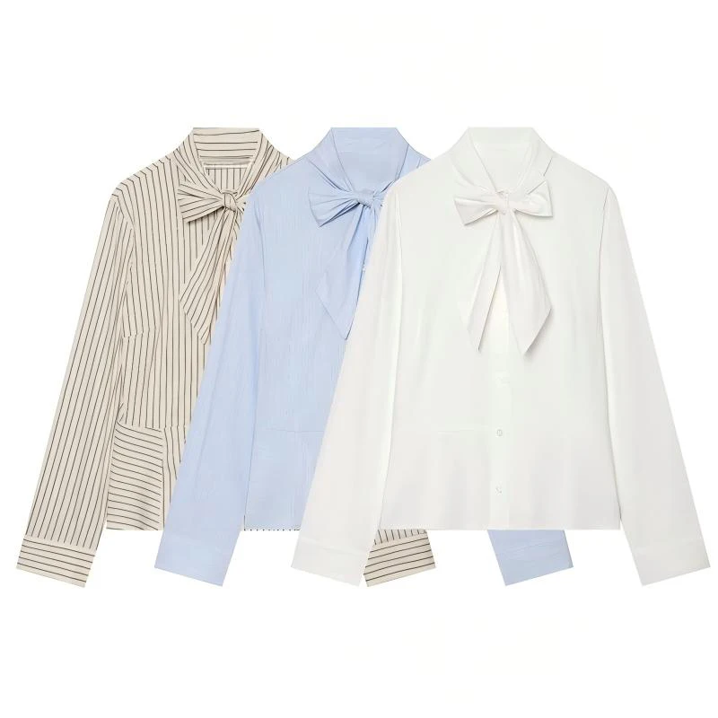 Guobioziy 2026 Autumn Tie Neck Shirt Elegant Preppy Vibe Retro Tailored Cut Influencer  Daily Temperament Fashion Formal Casual