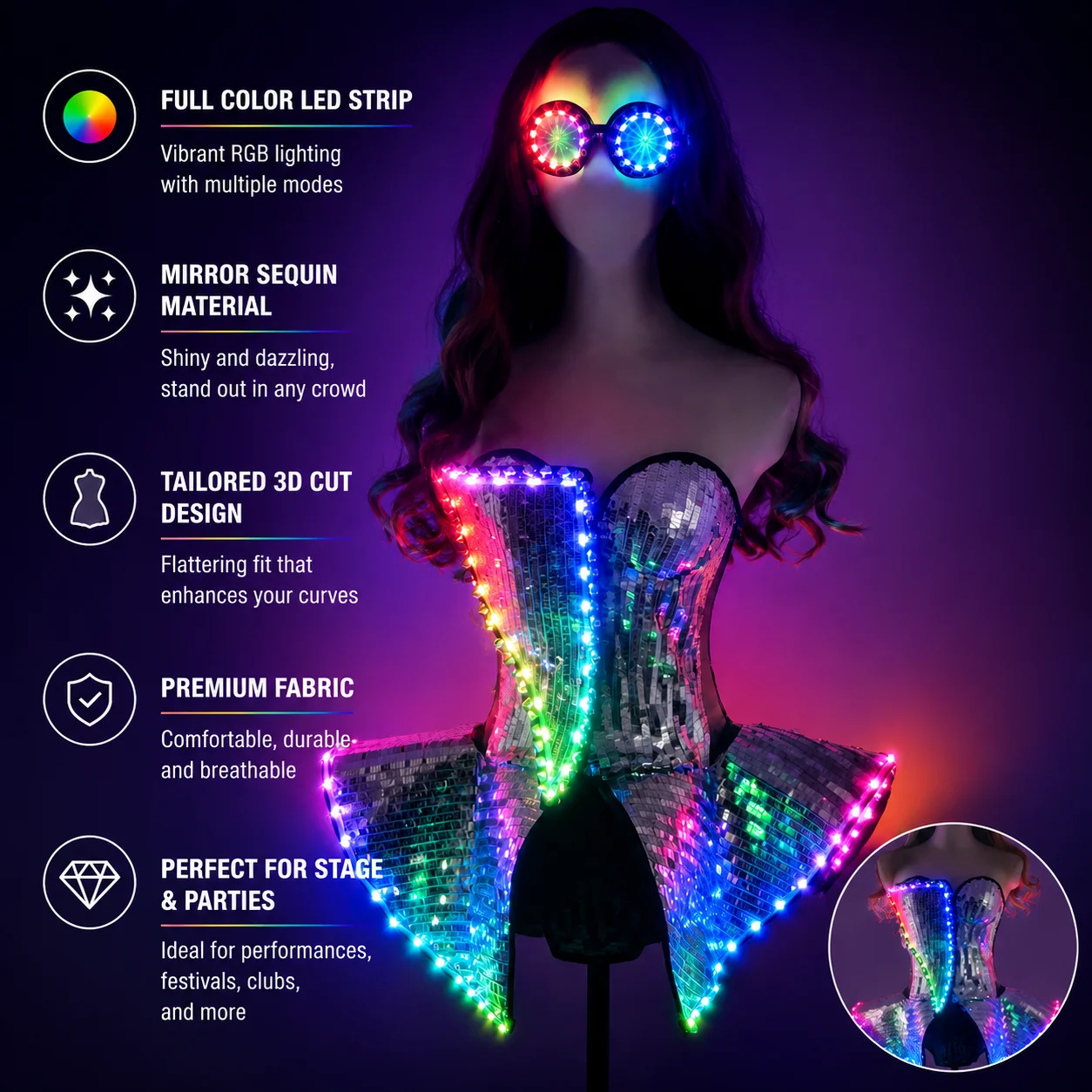 

Women's LED GOGO Dancer Costume Silver Reflective Sequins Nightclub Tron Dance Outfit Light up Stage Performance Wear for Party