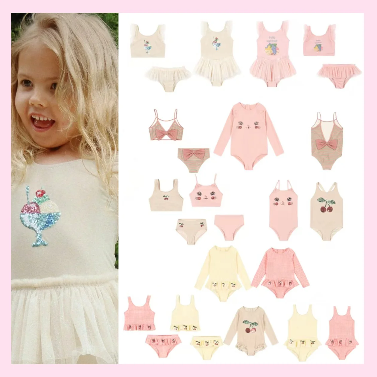 

2026 KS Summer Baby Girls Lace Princess Swimsuit Beach Wear Kids One Piece Girls Cherry Strawberry Sequin Swimwear Bikinis Sets