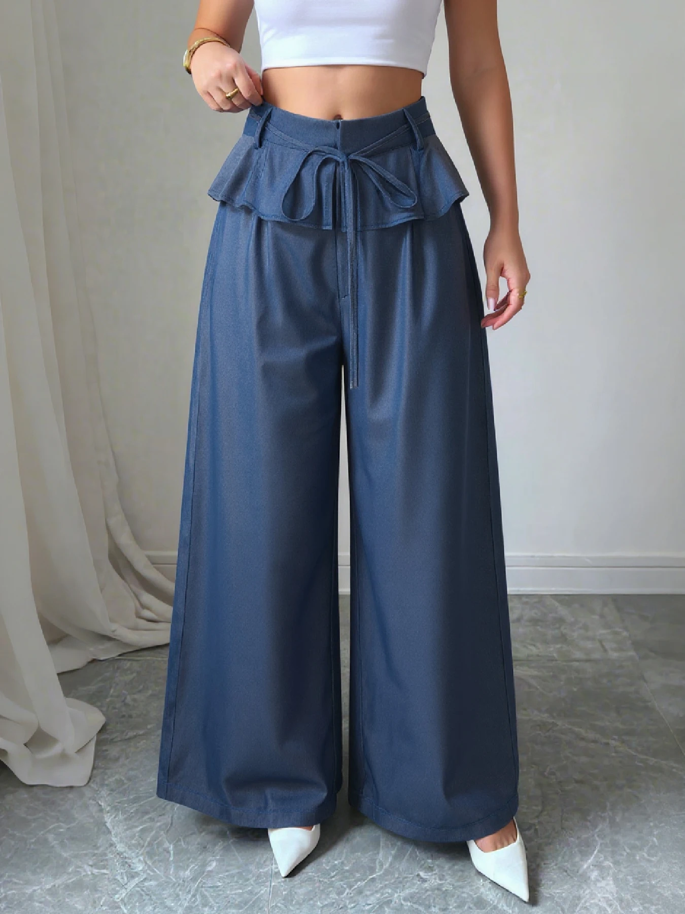 Elegant Fashion Wide Leg Pants For Women Spring Summer New Style Lotus Waistband Trousers Tie Design Office Commute Wear