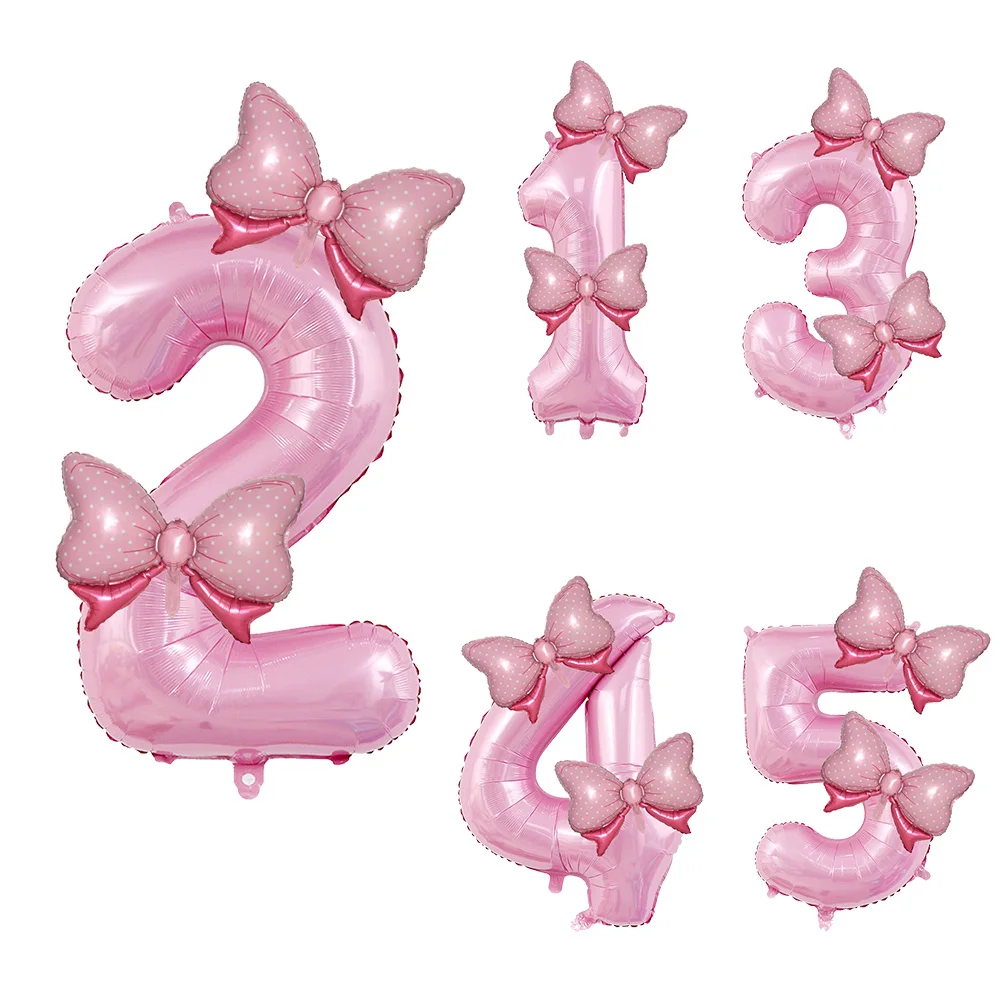 1pc Big 32inch Pink Number Balloon 1 2 3 4 5 6 7 8 9 Pink Bow Number Balloon Set Kid Girls Birthday Party Baby Shower Decoration