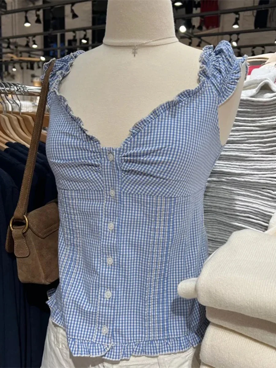 Blau Plaid Rüschen Dünnes T-shirt Bluse Frauen Sommer V-ausschnitt Falten Einreiher T-shirt Shorts Vintage Chic Süße Puff Sleeve Shirts