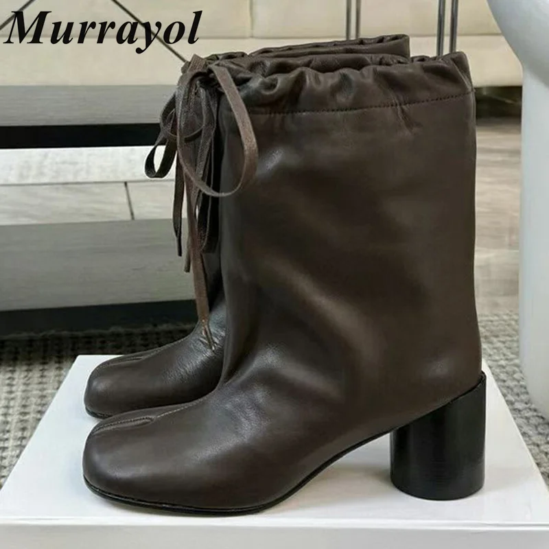 

Split Toe Genuine Leather Round Heels Mid-calf Boots Women's Elastic Band Design Modern Boots Autumn Winter Chelsea Boots