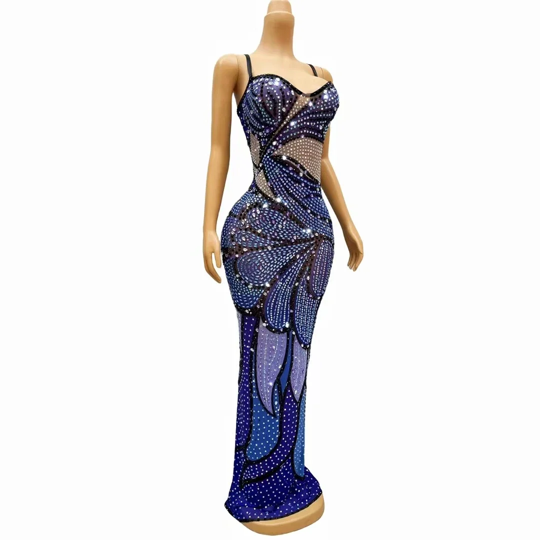 Sparkle Pearl Diamond Suspender Women Long Dress High-end Handmade Crystal Birthday Party Gowns Singer Stage Perdormance Costume