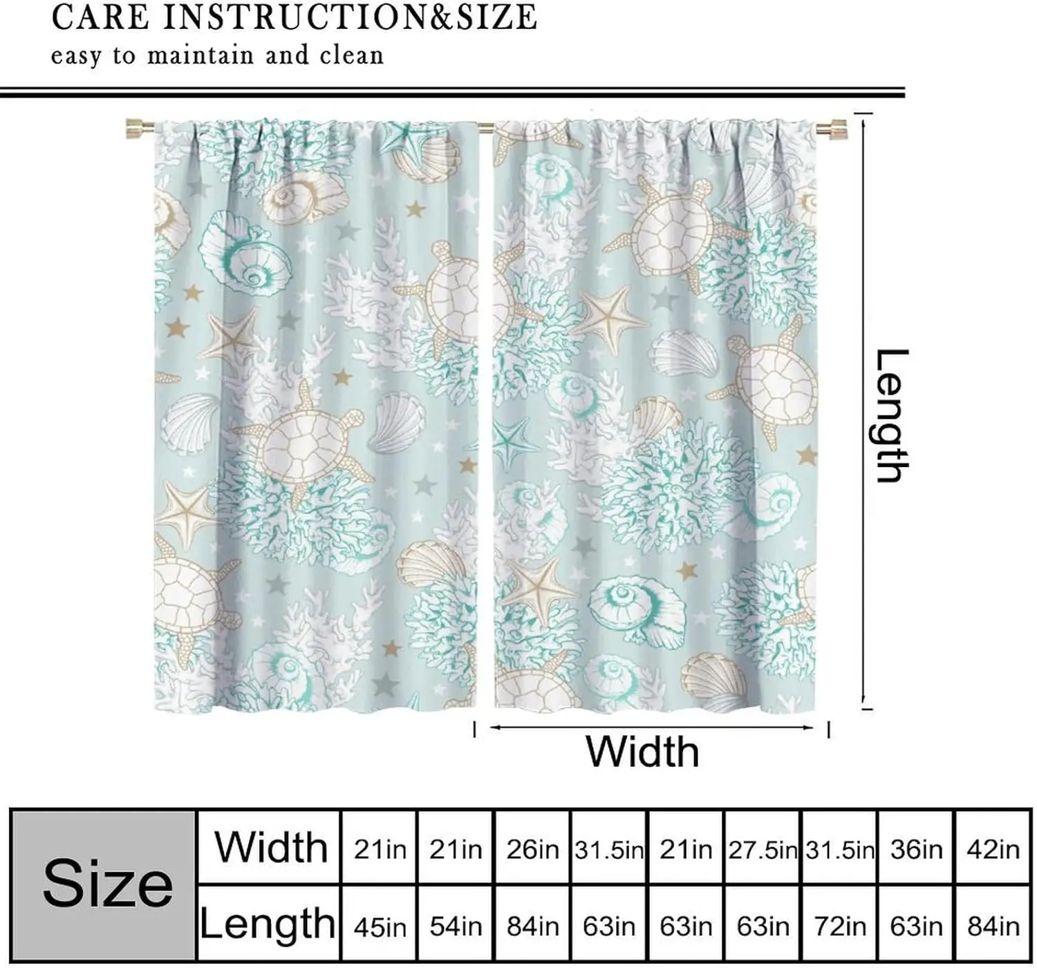 Tropical Coastal Ocean Sea Turtle Seashell Coral Print Curtain Waterproof Window Curtains Beach Home Decor Accent