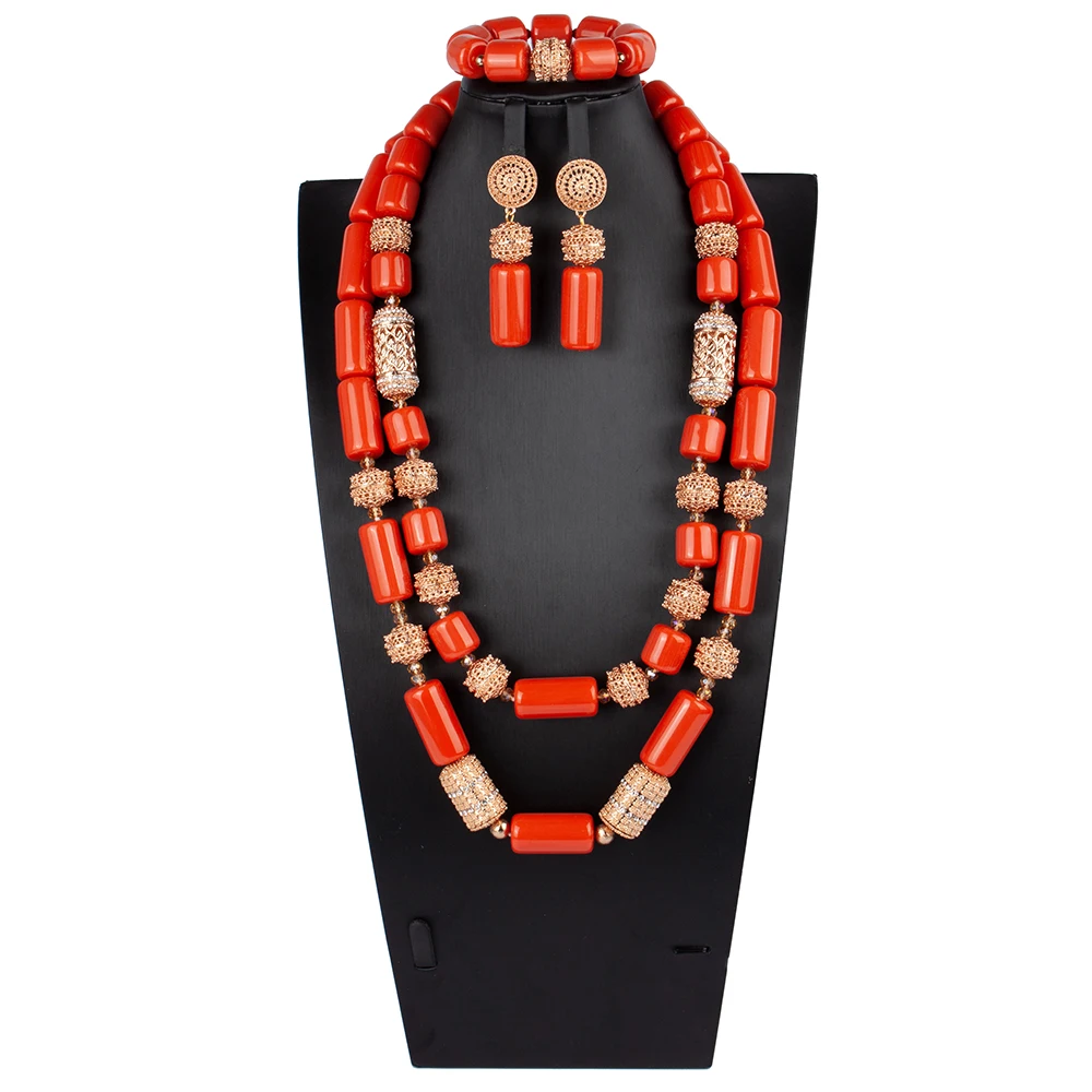 

Nigerian Wedding Gold Jewelry Set for Bride Two Layers Original Real Coral African Beads Jewelry Set ABS192