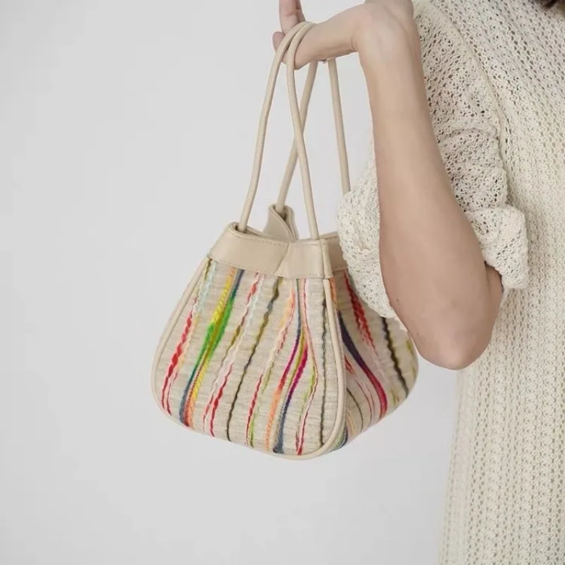 Rainbow Striped Tote Bag Female Fashion All-match Single Item Female Bag Suction Seal Hand Carrying Basket Wrapper Spell Rainbow