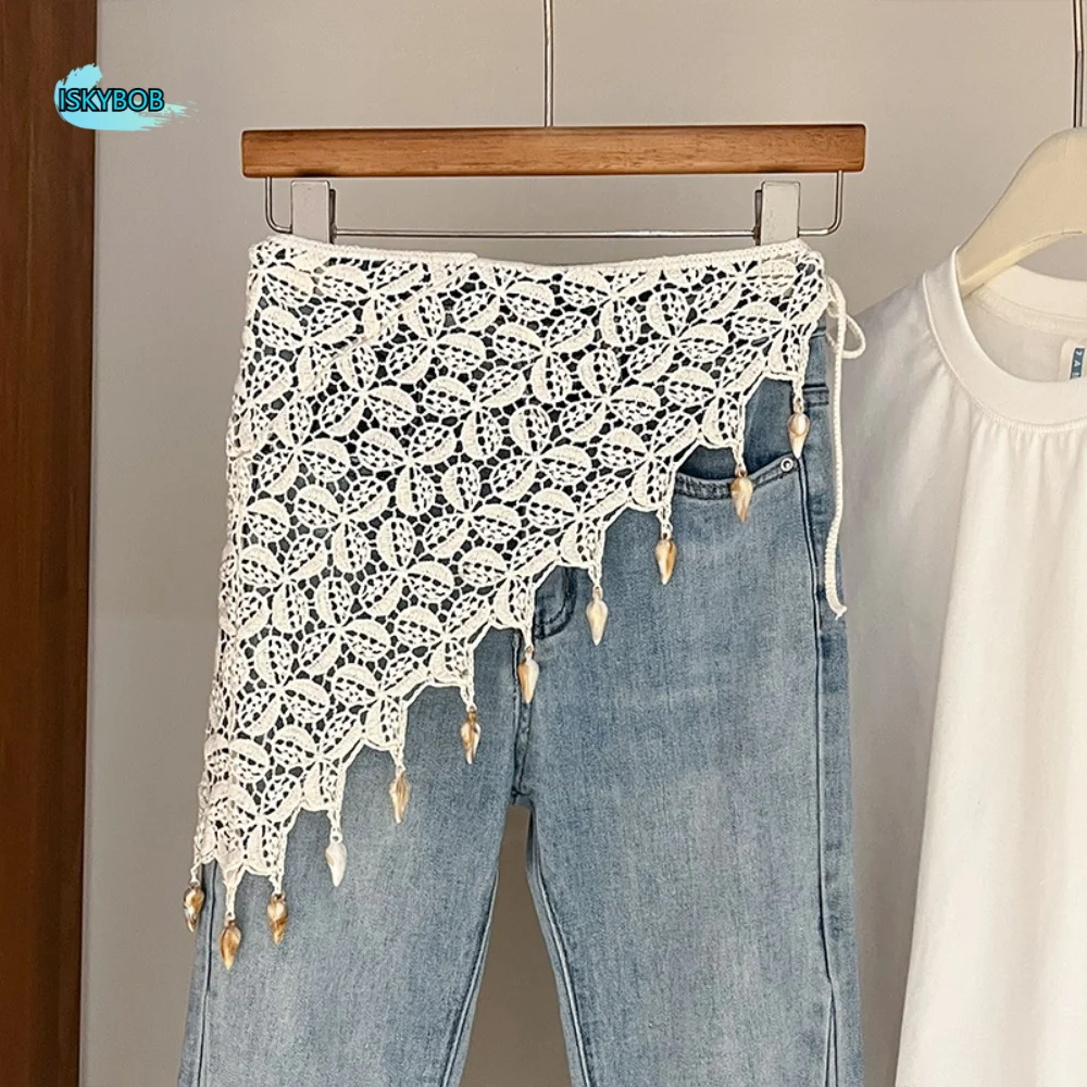 

Bohemian Tassel Knitted Triangle Scarf Countryside Style Exotic Hollow Out Lace Shawl Wraps Korean Style Waist Scarf Women