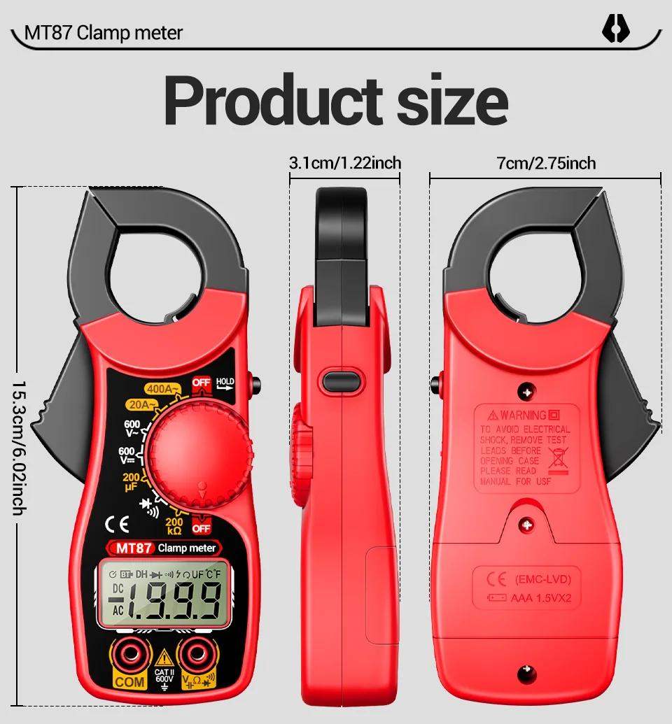 Professionelles Multimeter Stromzangenmessgerät Digitale Spannungsmessung 1,45 Zoll Große Messzange Strom NCV Ohm Hochpräziser Detektor Werkzeuge ANENG MT87 – Detail 12