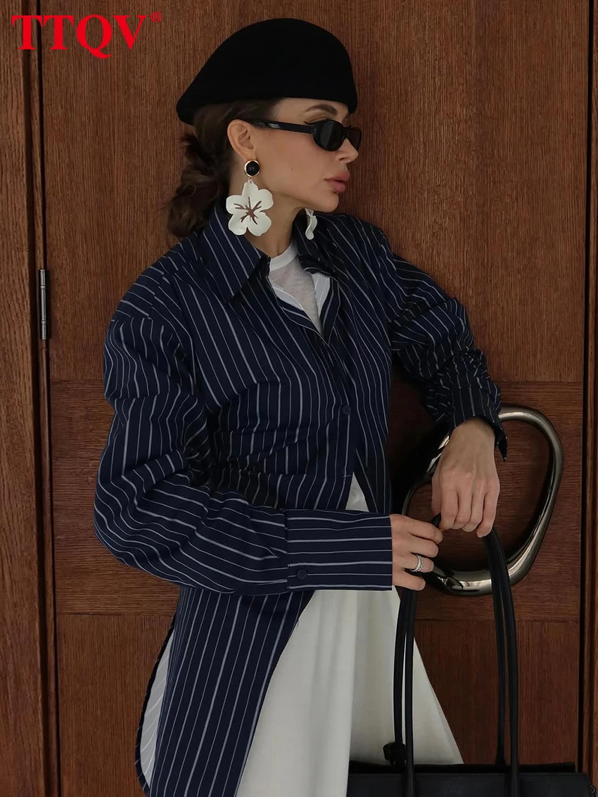 

TTQV модная свободная женская блузка в полоску с принтом 2026, повседневная женская рубашка с лацканами и длинными рукавами, элегантный классический топ, женская одежда