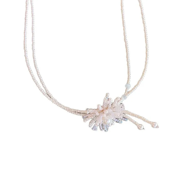 

Women Vintage Heavy Industry Tassel Firework Pearl Pendant Necklace Double Layer Stacking Luxury Elegant Fine Jewelry Gift