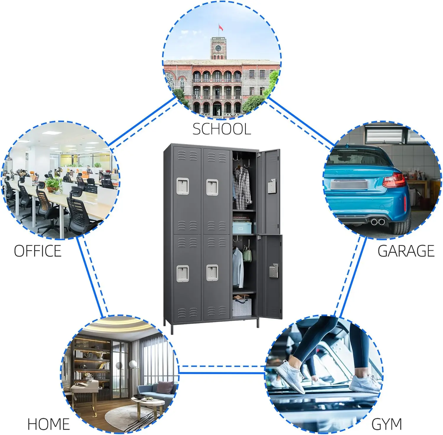 Aobabo 6 أبواب خزائن معدنية للموظفين مع قفل، خزانة معدنية مع 18 خطافًا للمدرسة والمرآب والمكتب والصالة الرياضية والمنزل