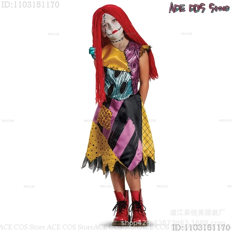 Halloween Nightmare Women Sally Dress  Adults Kids Christmas Suit Scary Cosplay Costume Party Movie Outfit Women Dress Wig