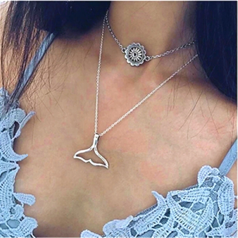 Vintage Double Layer Flower Neckalce Fashion Personality Mermaid Tail Necklaces Pendant For Women Boho Party Jewelry Wholesale