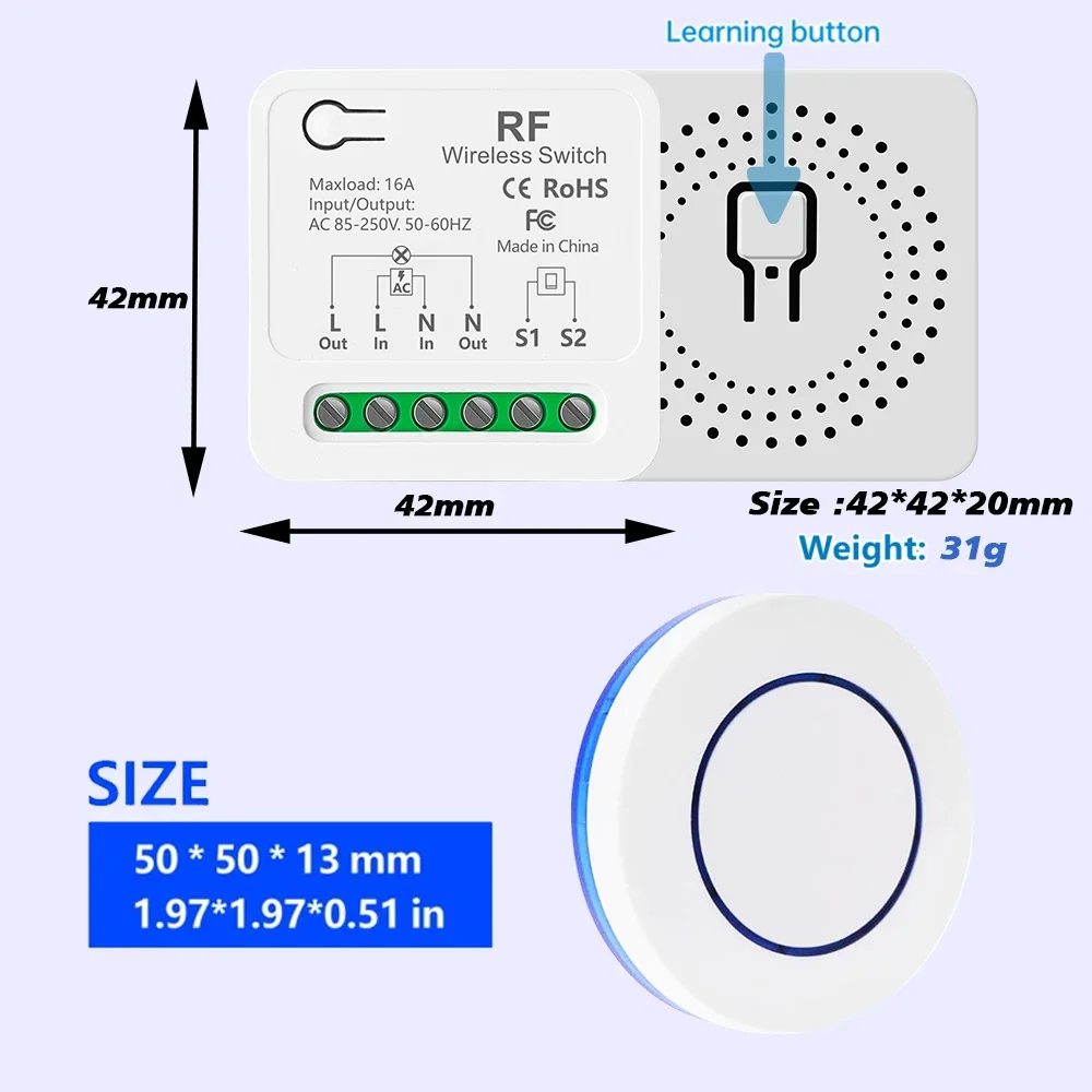 RF433Mhz Wireless remote control light switch 110V 220V 16A wall box 2-way control mini, 50m transmitter,lazy delay off function