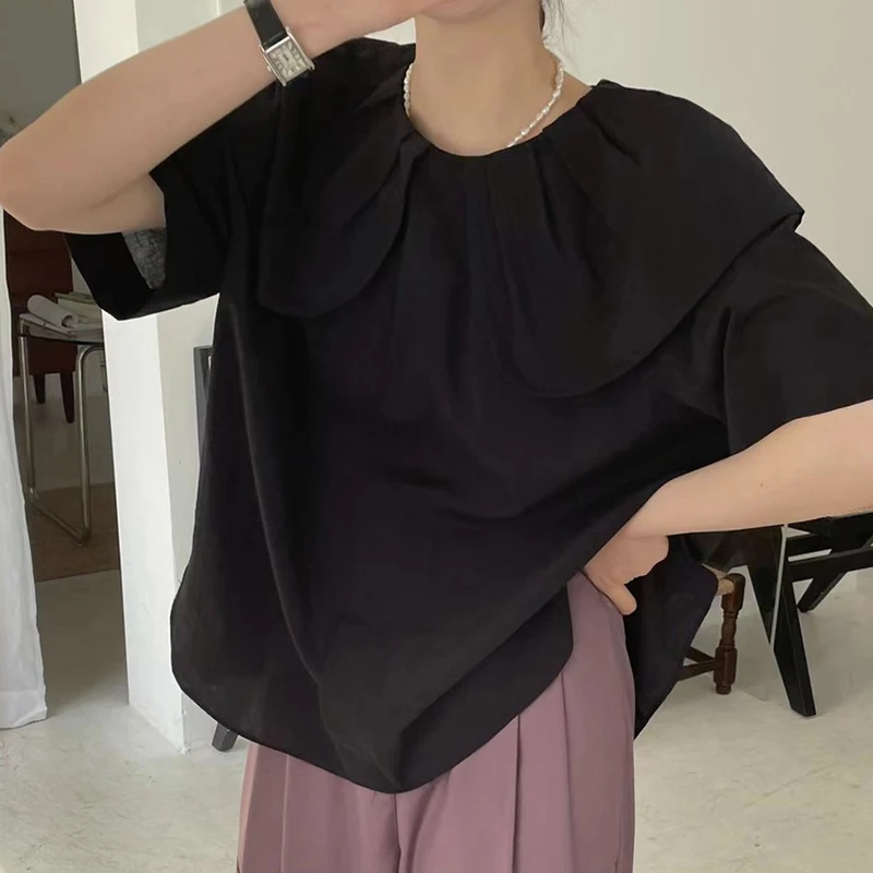 

Chic Summer Sweet Anti-Aging Doll Collar Ba Single Button Design Loose Versatile ort Sve irt Top Korean Sle Commute