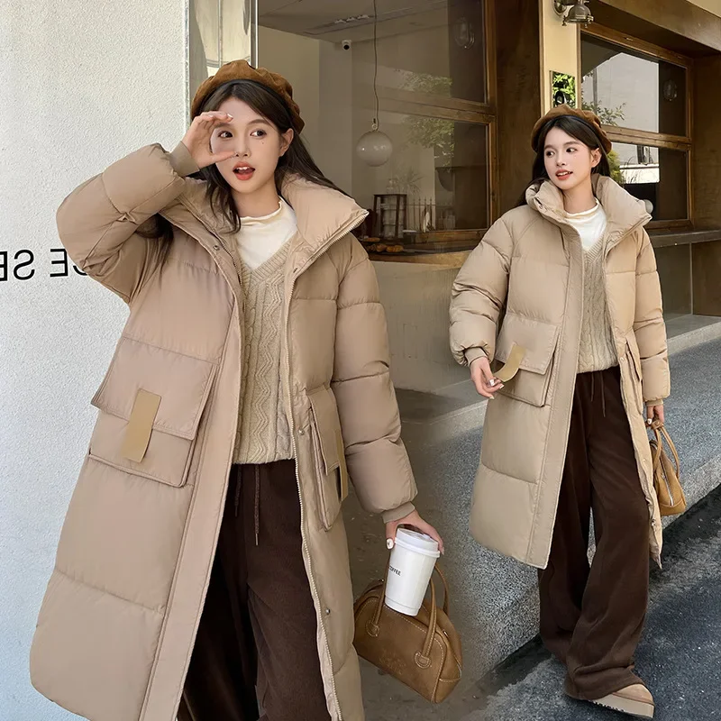 2024 Winter New Thick Loose Long Knee Over Cotton Jacket for Women Korean Edition Student Hooded Large Pocket Cotton Jacket