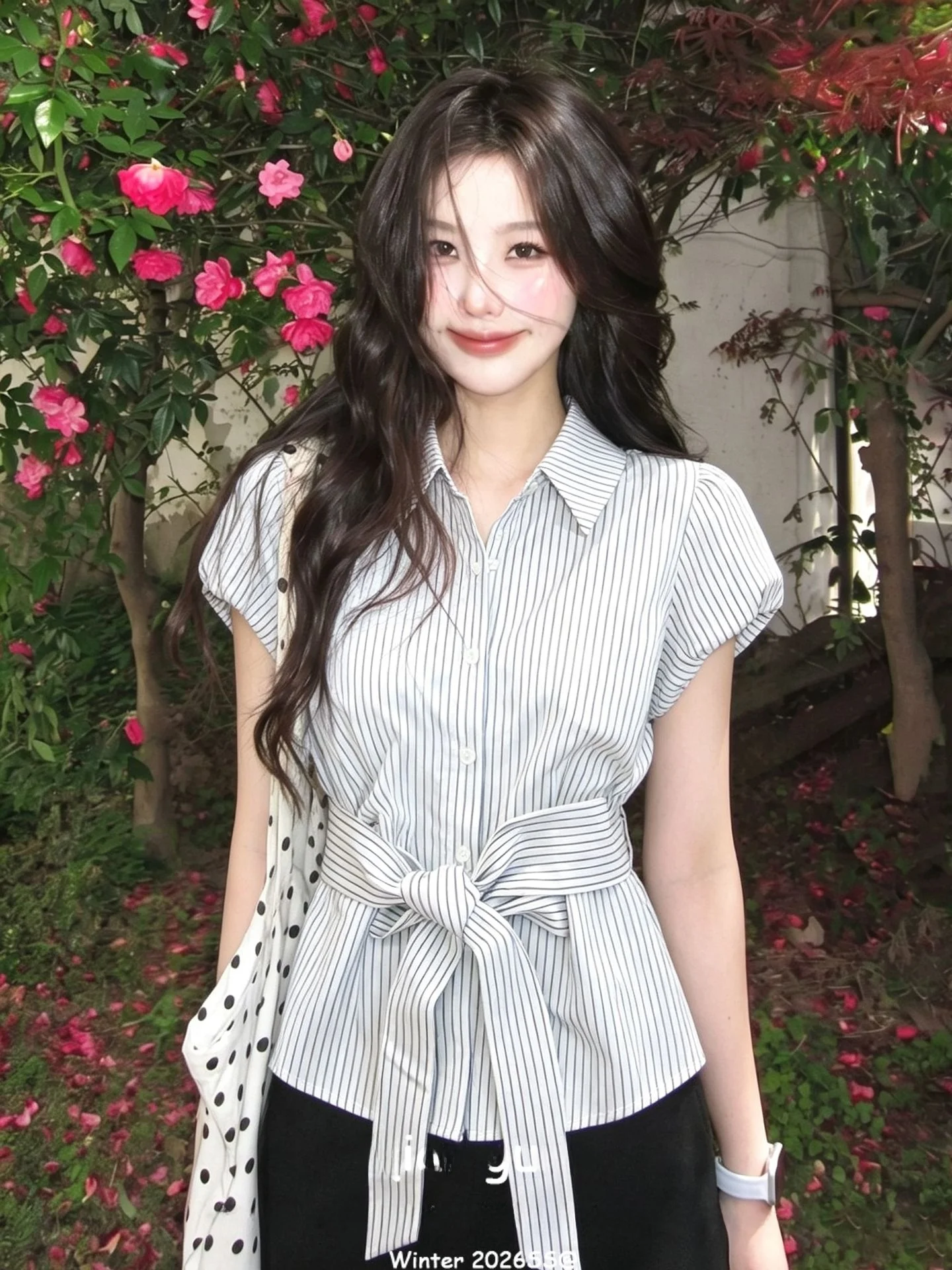 Retro Striped Short Sleeve Women's Shirt  Collar Button up Waist Cinched Summer Fashion Breathable Skin-Friendly China Made