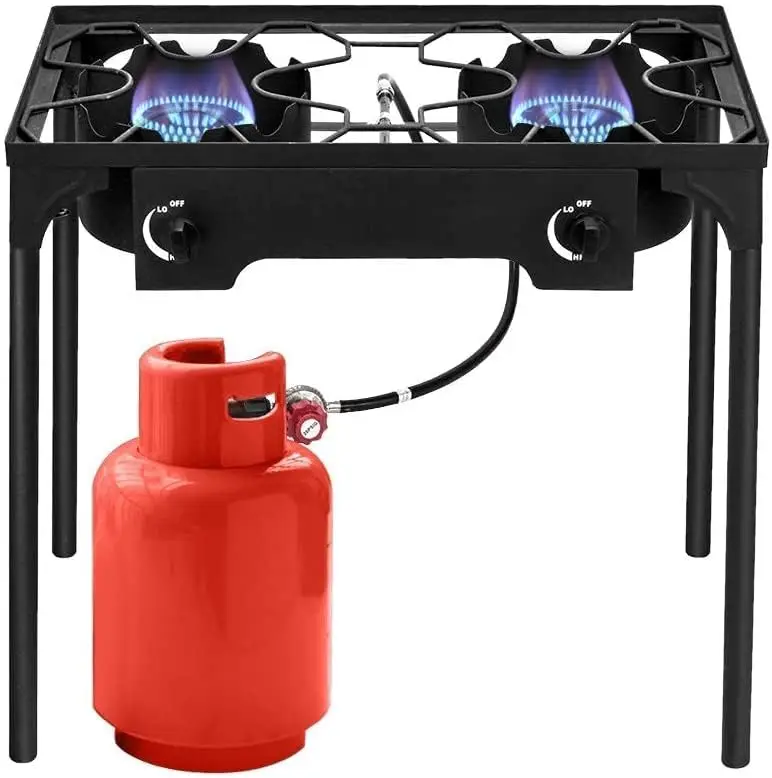 2 Burner Outdoor Portable Propane Stove Gas Cooker, Heavy Duty Iron Cast Patio Burner with Detachable Stand Legs for Camp