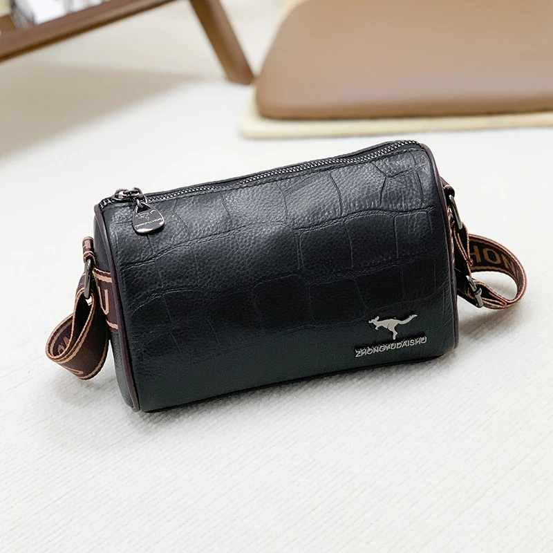 New minimalist and versatile cylindrical bag genuine cowhide wide shoulder strap fashionable single shoulder diagonal cross bag