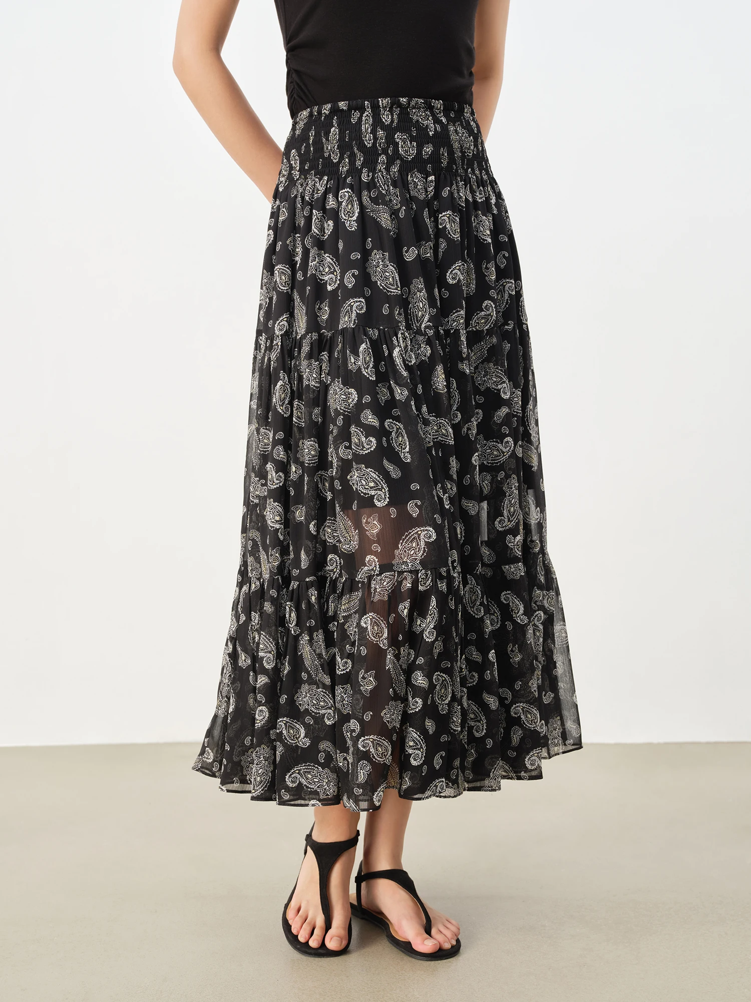 ZIQIAO 2025 夏 レディース ペイズリー柄 シフォン スカート - ハイウエスト Aライン フローイ ミディ丈 ヒップスカート シルエット バケーション向け