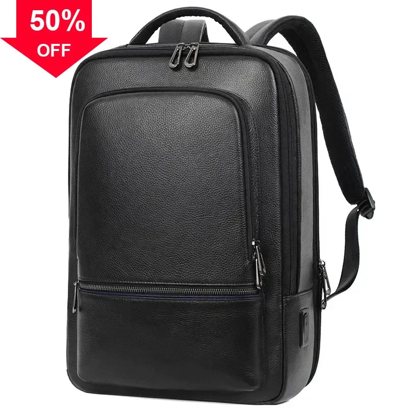 

100% Natural Cow 15.6 inch Laptop Men USB Backpack Genuine Leather Travel Bag Large Shoolbag For Boys Mochila