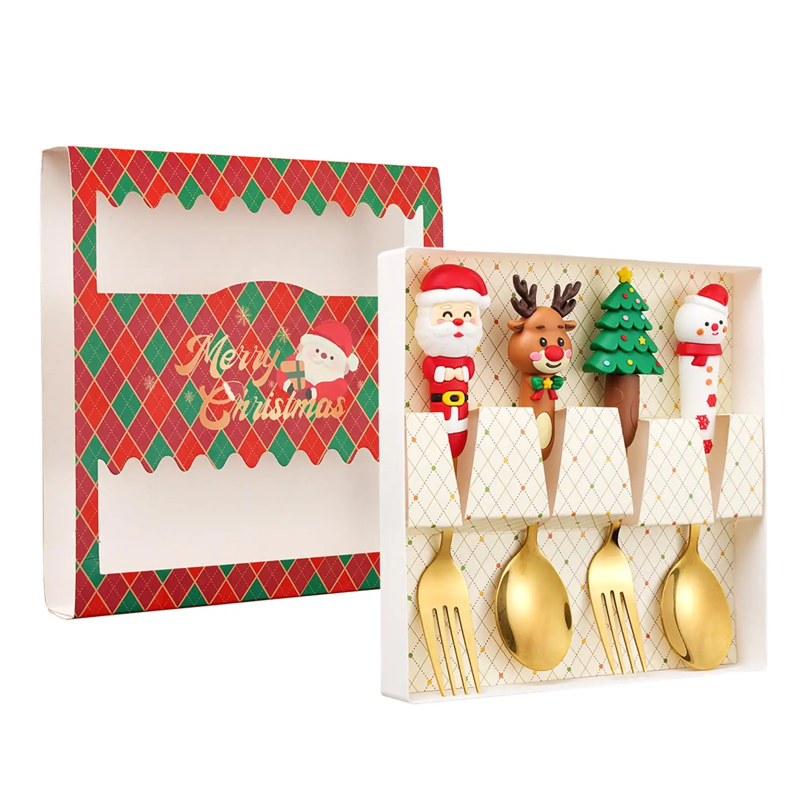 4Pcs Christmas Spoon Fork Set Xmas Party Favors Dessert Spoons for Appetizer