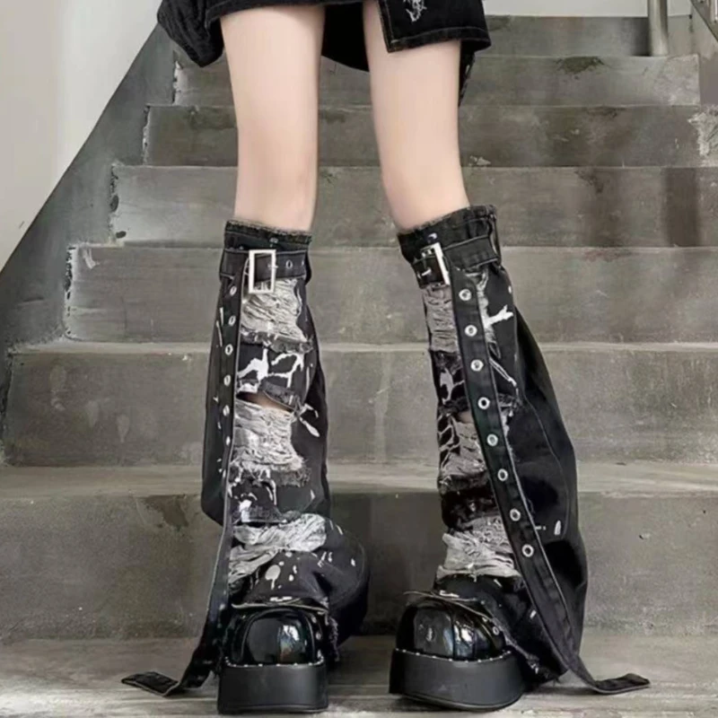 

Джинсовые гетры-наколенники Y2K в стиле кавайи для девочек, с рюшами, в готическом винтажном стиле, с элементами бандажа, в стиле субкультуры Харадзюку, для похудения ног