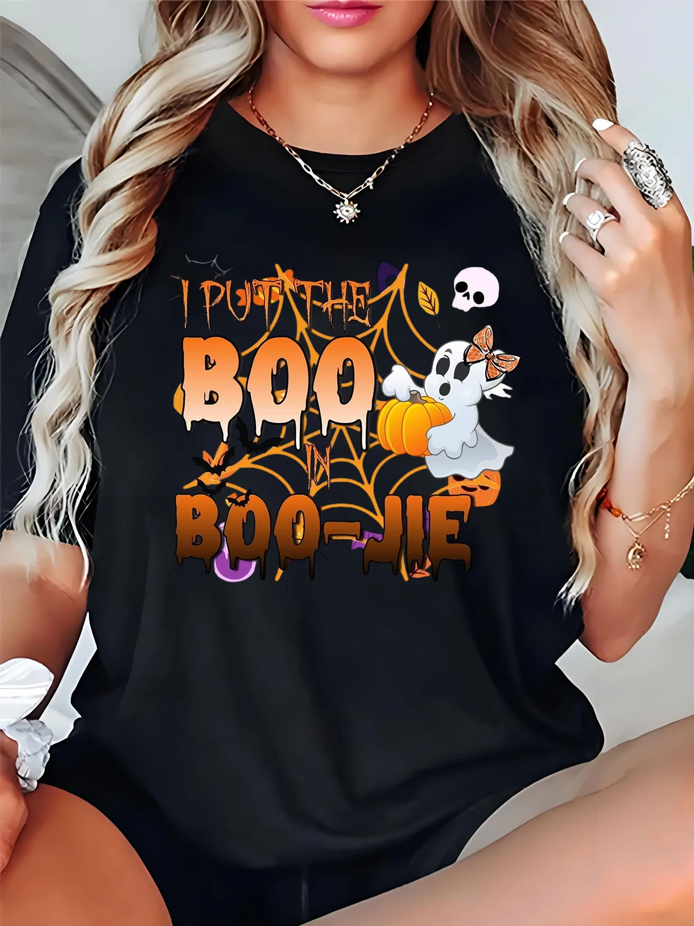 Halloween Print Loose Fit Casual Black T-Shirt with Ghost and Pumpkin Design for Women, Daily Wear