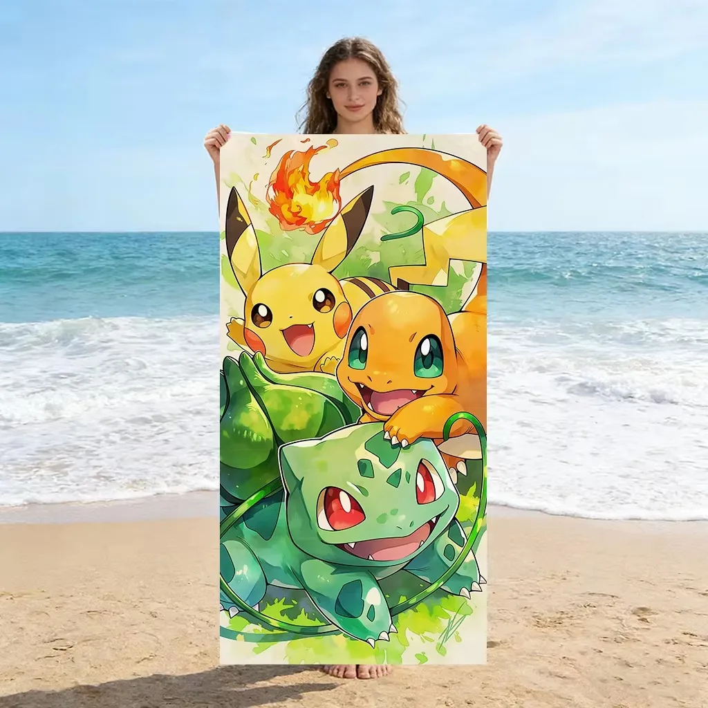 Pikachu Charmander Bulbasaur Pokemon Starters Beach Towel, Breathable Quick Dry Soft Large Size for Pool Camping Gift