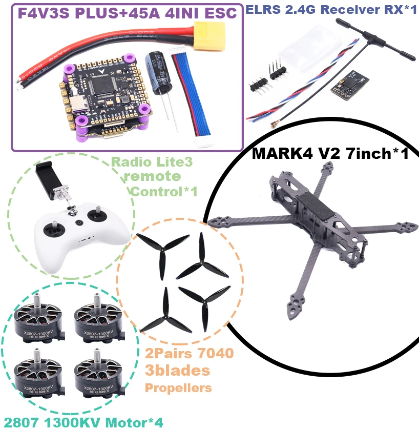 MARK4 V2 7-inch F4V3S/F4V3S PLUS Flight Control 45/60A 4INI ESC Rack Drone FPV Carbon Fiber PV Racing Drone Quadcopter Freestyle