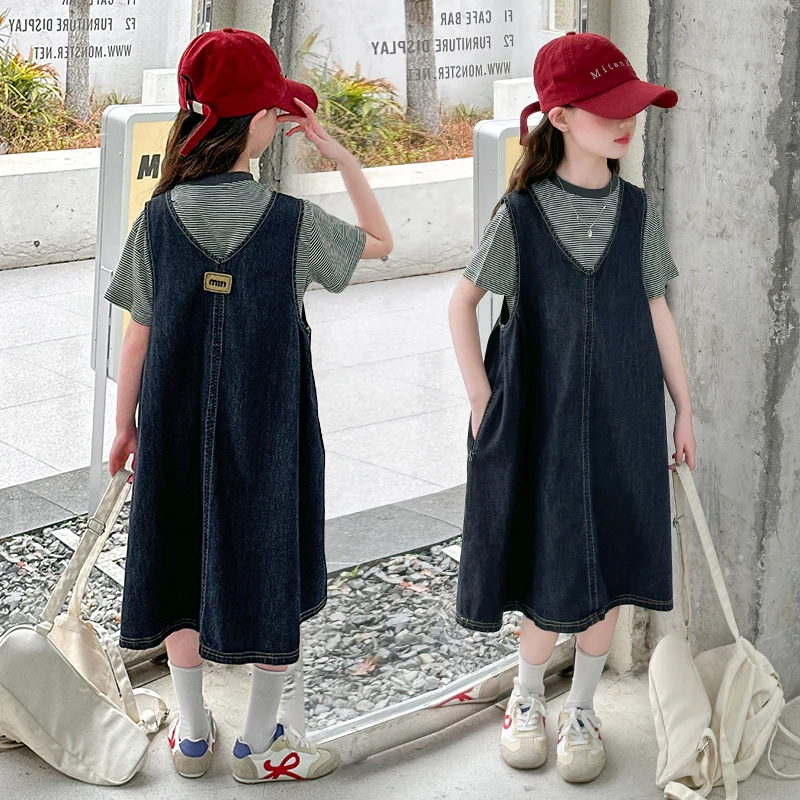 

Детский летний костюм для девочек 2026: Новинка! Повседневный милый джинсовый сарафан и полосатая футболка с коротким рукавом, комплект из двух предметов