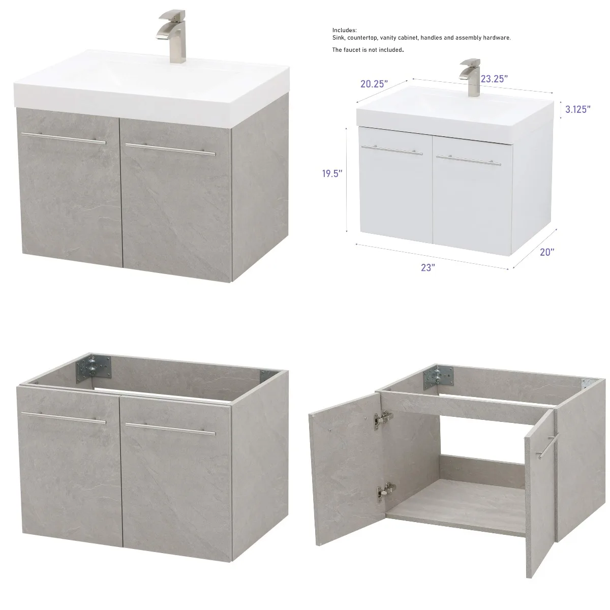 

Wall Mount Floating Bathroom Vanity Sink Set Light Slate Grey White Integrated Countertop 23.25", Customized