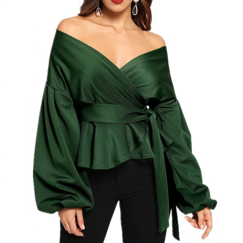 

UNIKTEE женская блузка с длинным рукавом, лето-осень, шелковый повседневный элегантный яркий цветной топ с открытыми плечами и v-образным вырезом на шнуровке