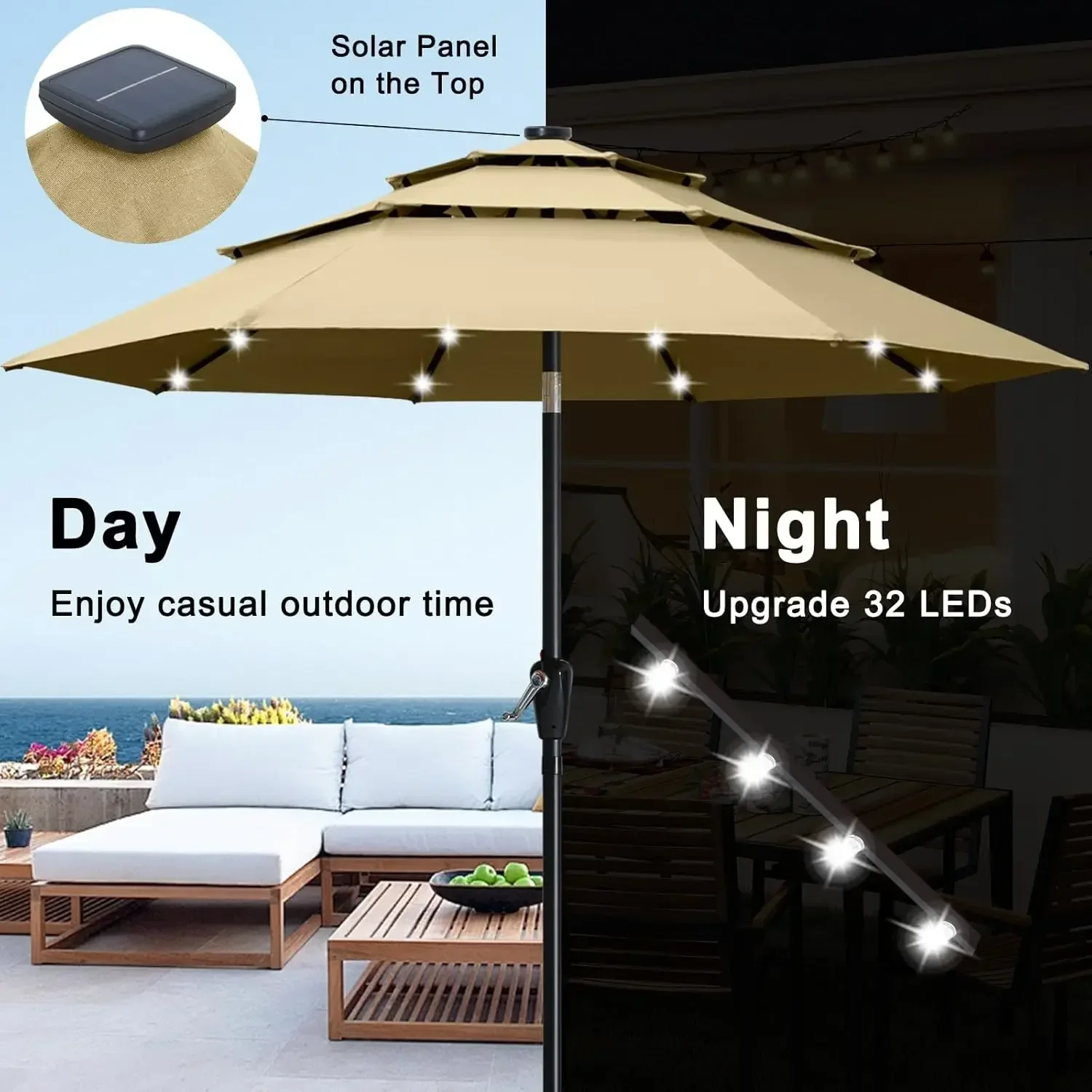 

3-Tiers 9FT Solar Patio Umbrella, Outdoor Umbrella with 32 LED Lights for for Deck, Pool, Garden, Backyard (Khaki)