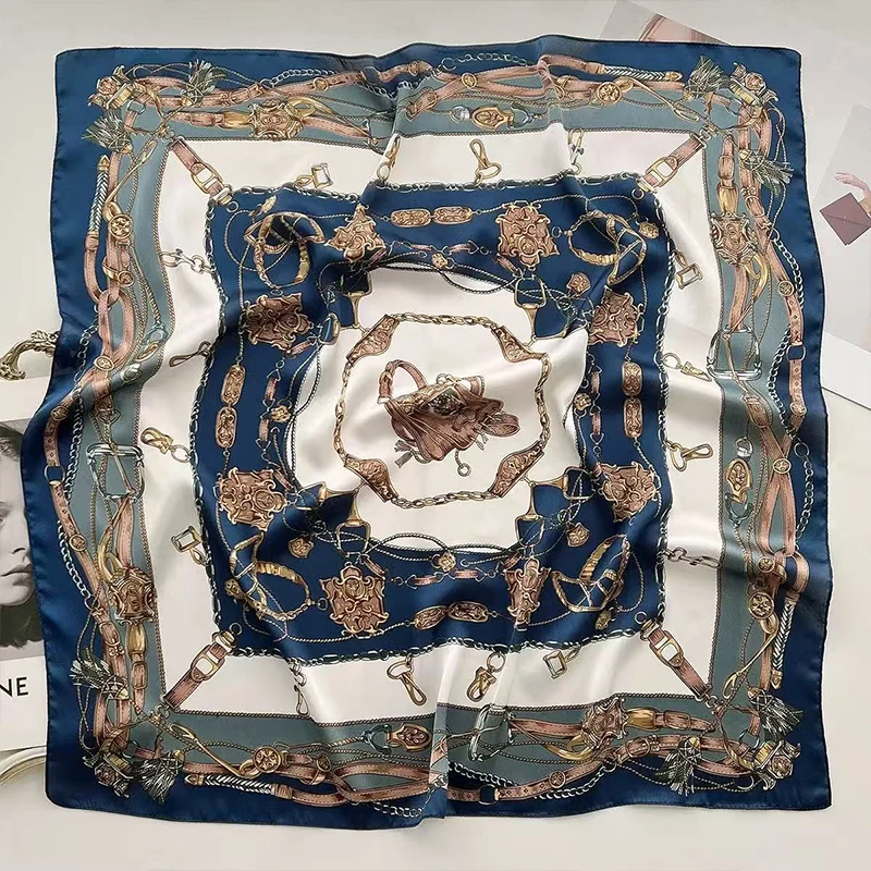 أنيقة سلسلة شرابة مشبك سلسلة مطبوعة تقليد وشاح حريري منديل الزخرفية متعددة الوظائف مطابقة وشاح مربع