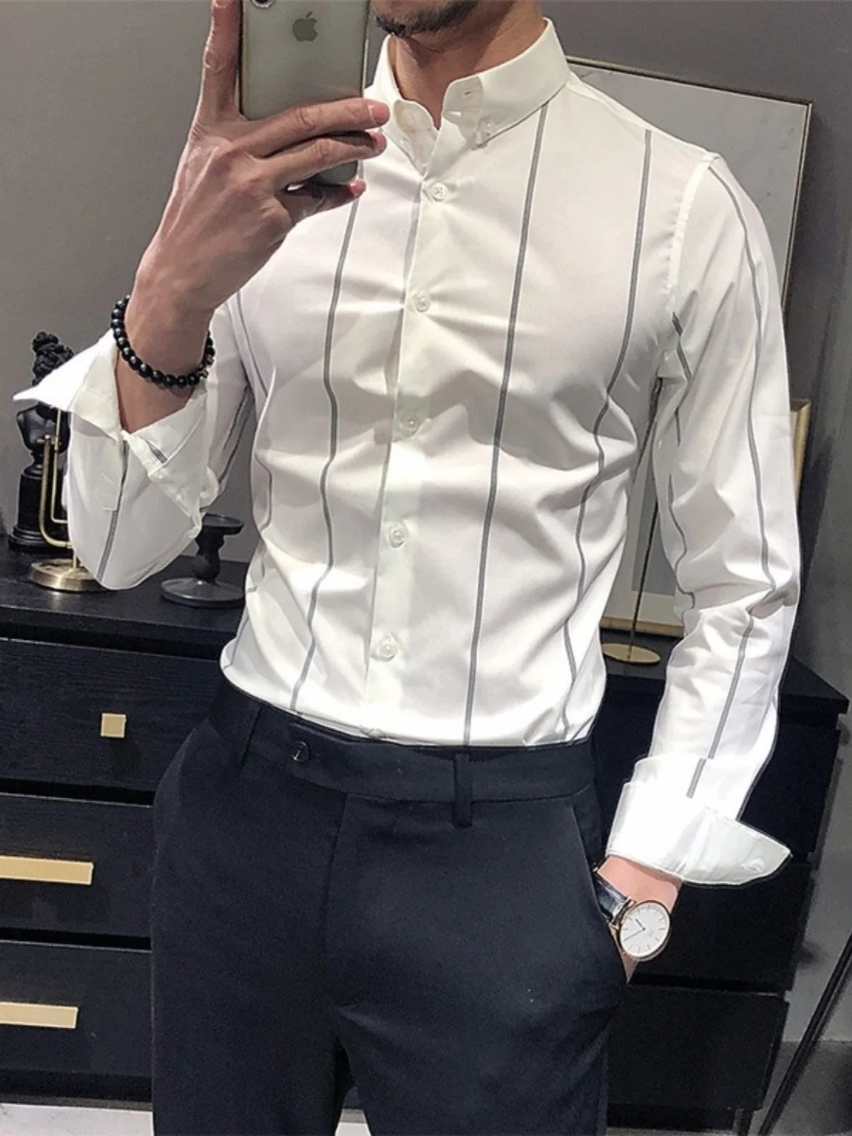 

Slim Fit Long Sve Men's irt Faionable Iron Free Striped White Busin Casual Spring Autumn Seasonal Stand Fit irt