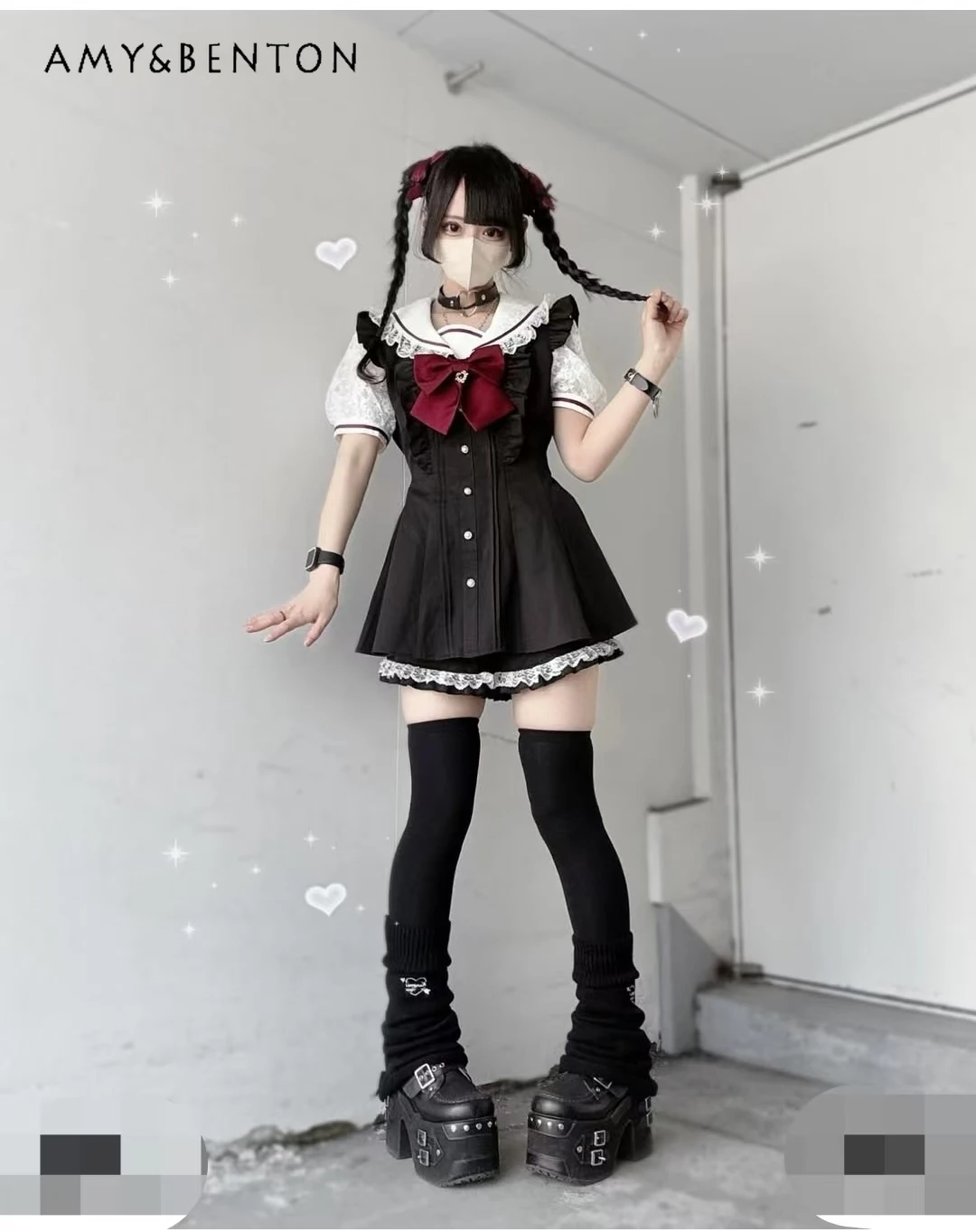 

Japanese Style SC Sets Sweet Cute Navy Collar Bow Lace Patchwork Lolita Mine Series Mass-Produced Two Piece Sets Womens Outifits