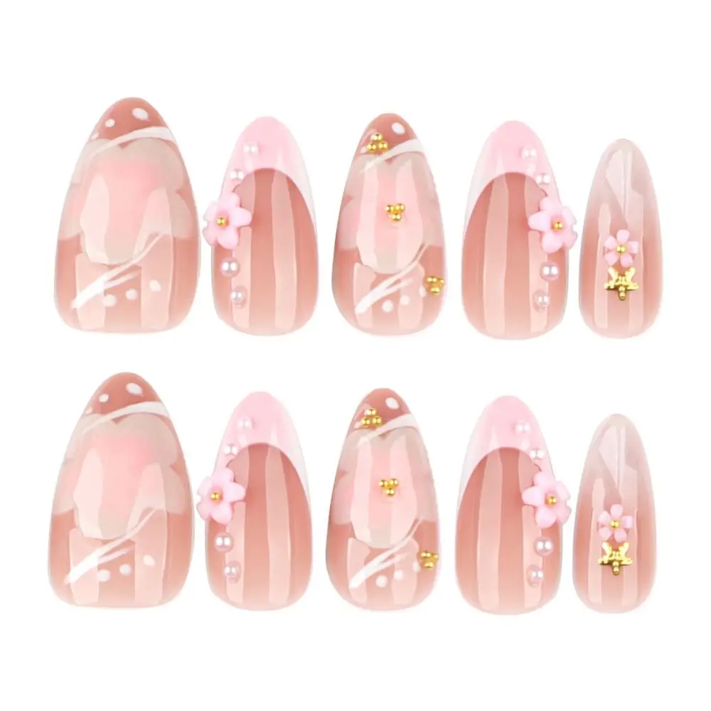 Manicure Long Almond False Nails French Aurora Press on Nails Flowers Detachable Nail Tips DIY