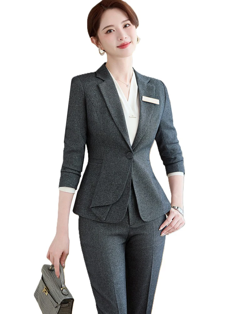 Completo da donna con pantalone da ufficio grigio nero da donna, set da 2 pezzi, giacca e pantaloni formali