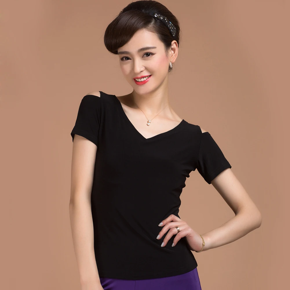 

Топ для латинских танцев для женщин, бальные рубашки с коротким рукавом и v-образным вырезом, черные современные танцевальные костюмы для вальса, сальсы, румбы