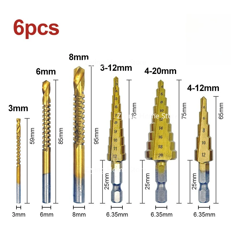 Suitable for 4-12/4-20/4-32mm Hexagonal Shank Straight Flute Titanium Plated Step Drill