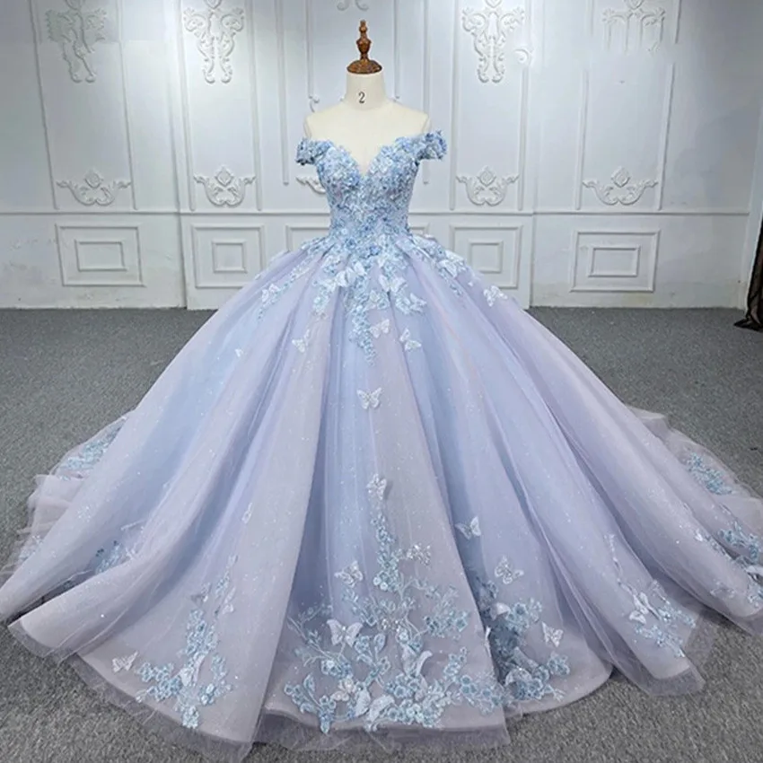 Lace Flowers Blue Ball Gown 15 Year Old Quinceanera Dresses Princess Customized Party Dress Off Shoulder Vestidos De Fiesta