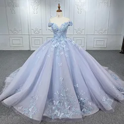 Lace Flowers Blue Ball Gown 15 Year Old Quinceanera Dresses Princess Customized Party Dress Off Shoulder Vestidos De Fiesta