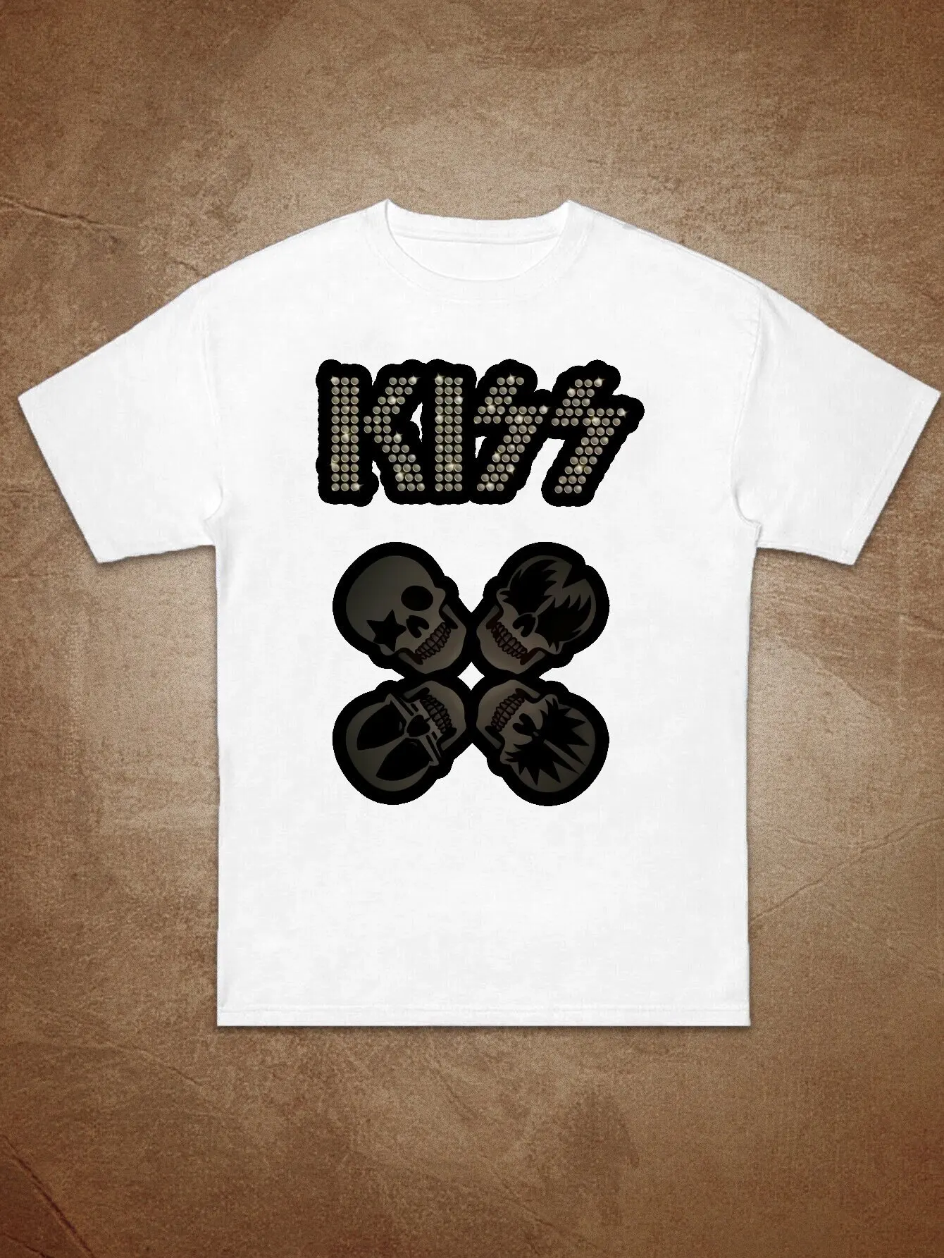 

Women's KISS Rock Band Graphic T-Shirt - Bold Letter Print with Skull & Microphone Design, White Short Sleeve Round Neck Casual