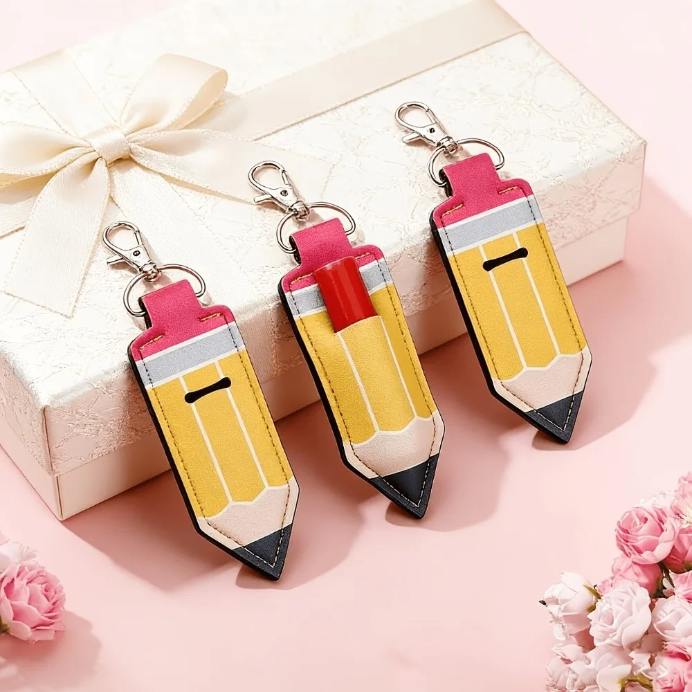 Pencil Shape Chapstick Key Chain Pouch PU Leather Sturdy Stitching Lip Salve Sleeve Pendant Metal Elastic Slot